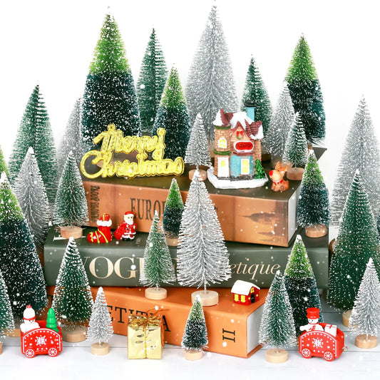 30Pcs Mini Christmas Tree Decor Artificial Christmas Tree 5 SizesMini Sisal Snow Frost Trees with Wooden Base for Christmas Decor Christmas Party Home Table Craft Decorations (B/Green/Silver)